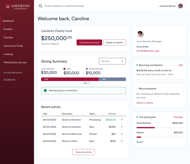 a screenshot of the donor dashboard on a turnkey DAF for "Haverton University"